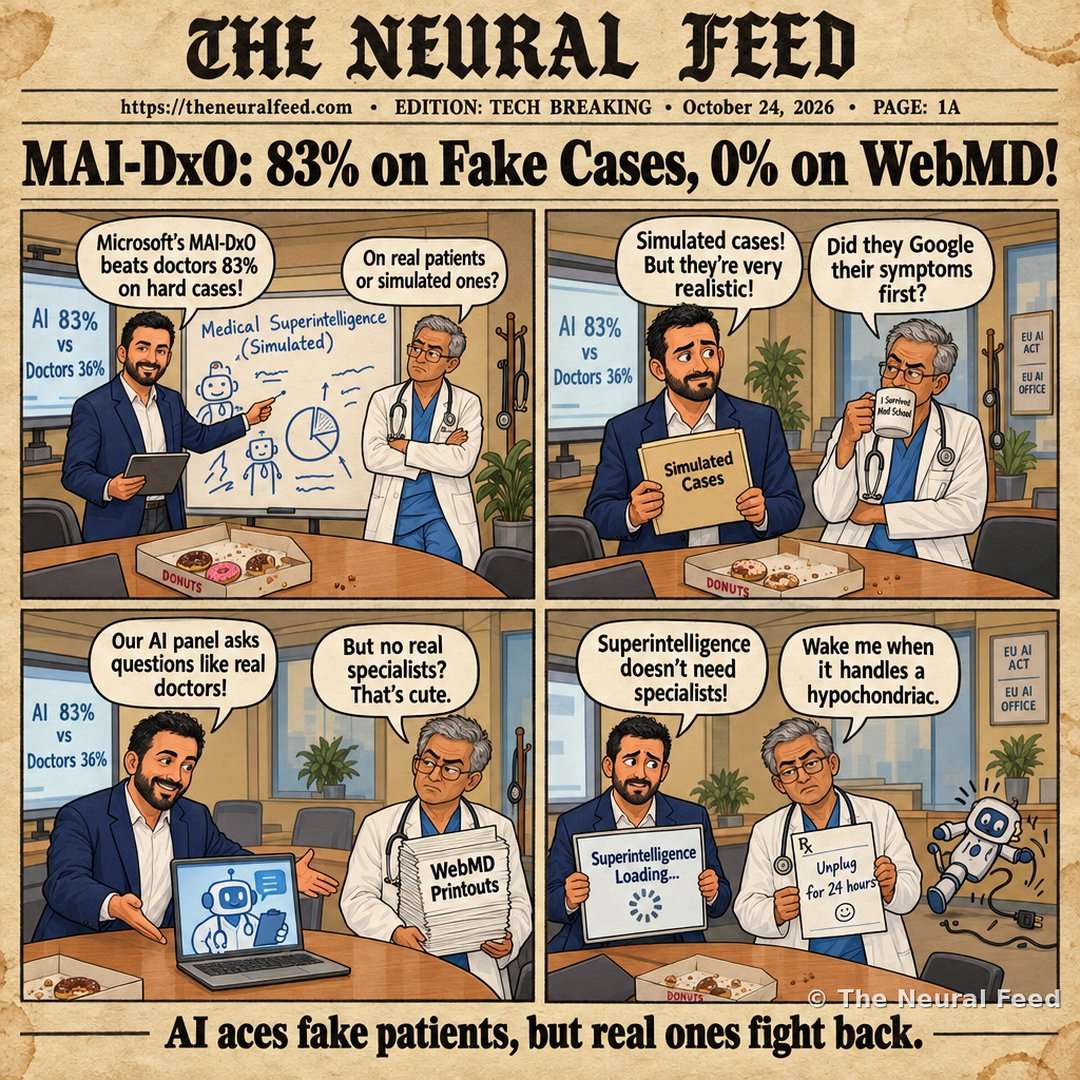MAI-DxO: 83% on Fake Cases, 0% on WebMD! – Neural Toons comic