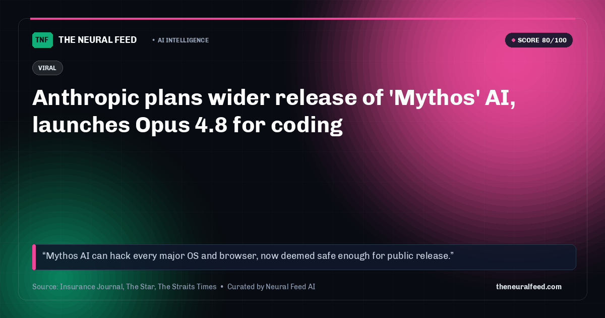 Anthropic plans wider release of 'Mythos' AI, launches Opus 4.8 for coding
