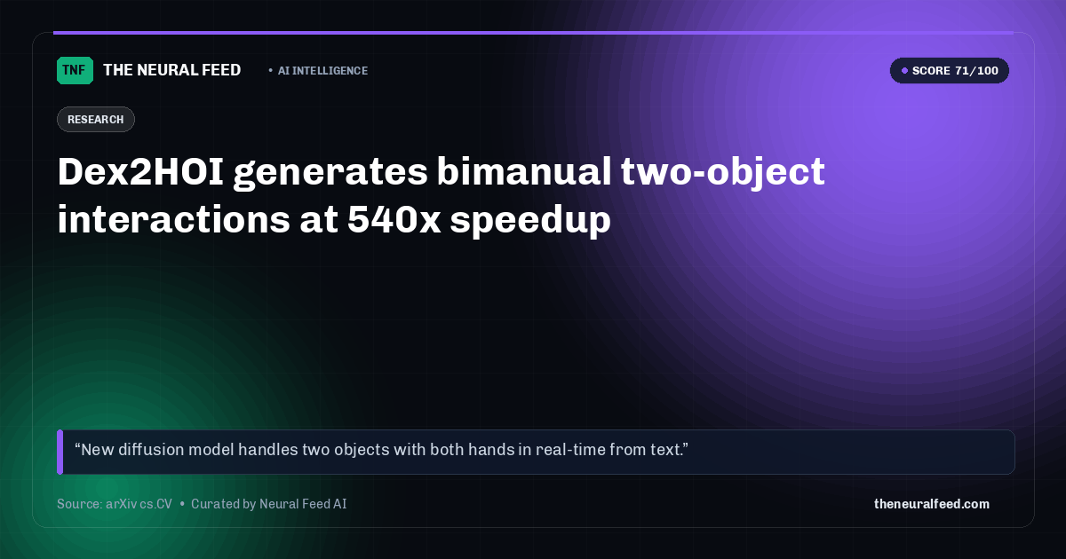 Dex2HOI generates bimanual two-object interactions at 540x speedup