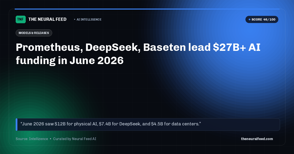 Prometheus, DeepSeek, Baseten lead $27B+ AI funding in June 2026
