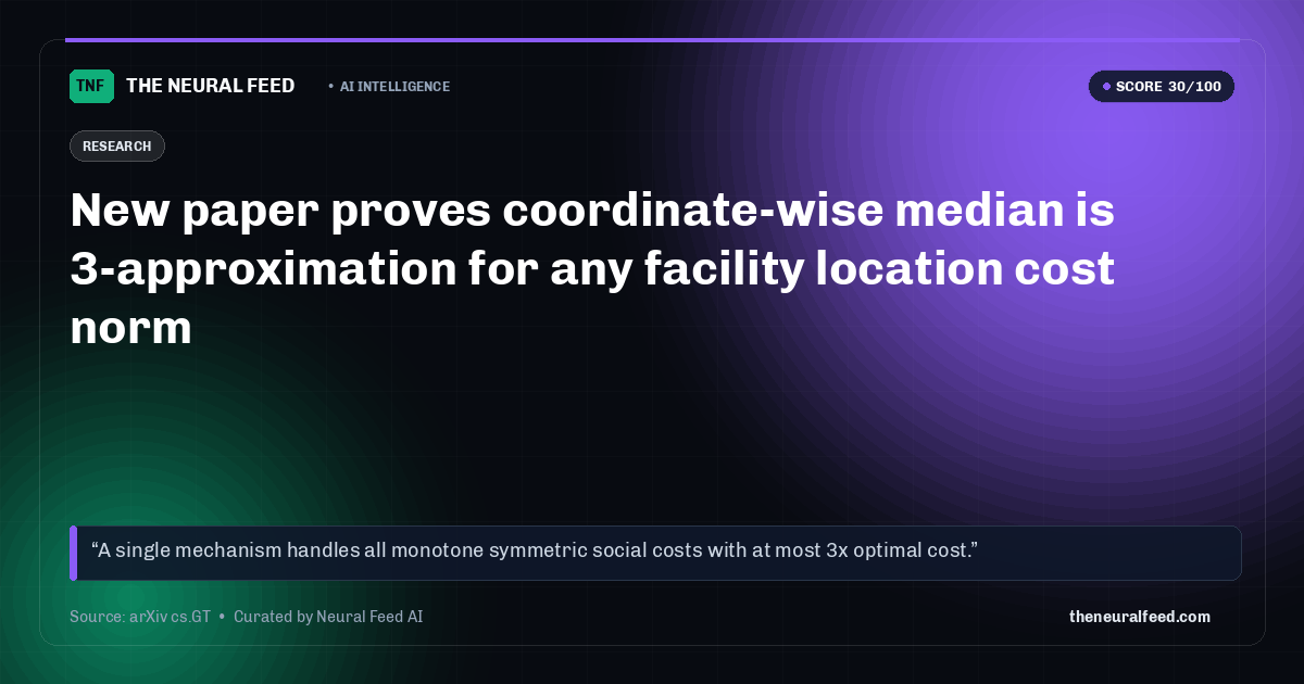 New paper proves coordinate-wise median is 3-approximation for any facility location cost norm