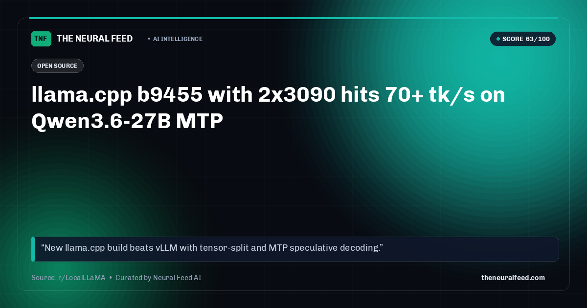 llama.cpp b9455 with 2x3090 hits 70+ tk/s on Qwen3.6-27B MTP