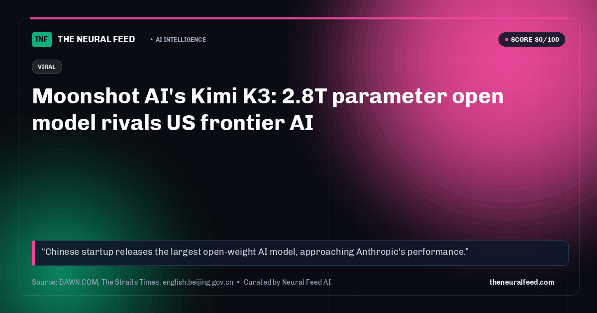Moonshot AI's Kimi K3: 2.8T parameter open model rivals US frontier AI