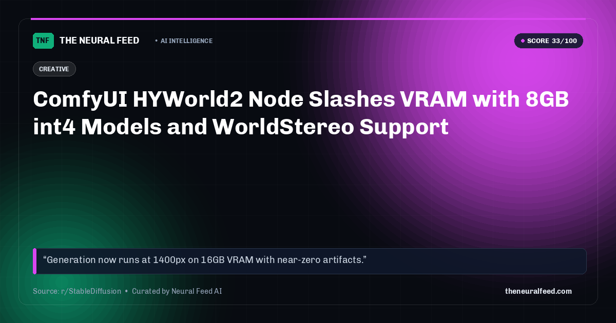 ComfyUI HYWorld2 Node Slashes VRAM with 8GB int4 Models and WorldStereo Support