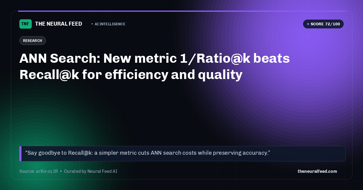 ANN Search: New metric 1/Ratio@k beats Recall@k for efficiency and quality