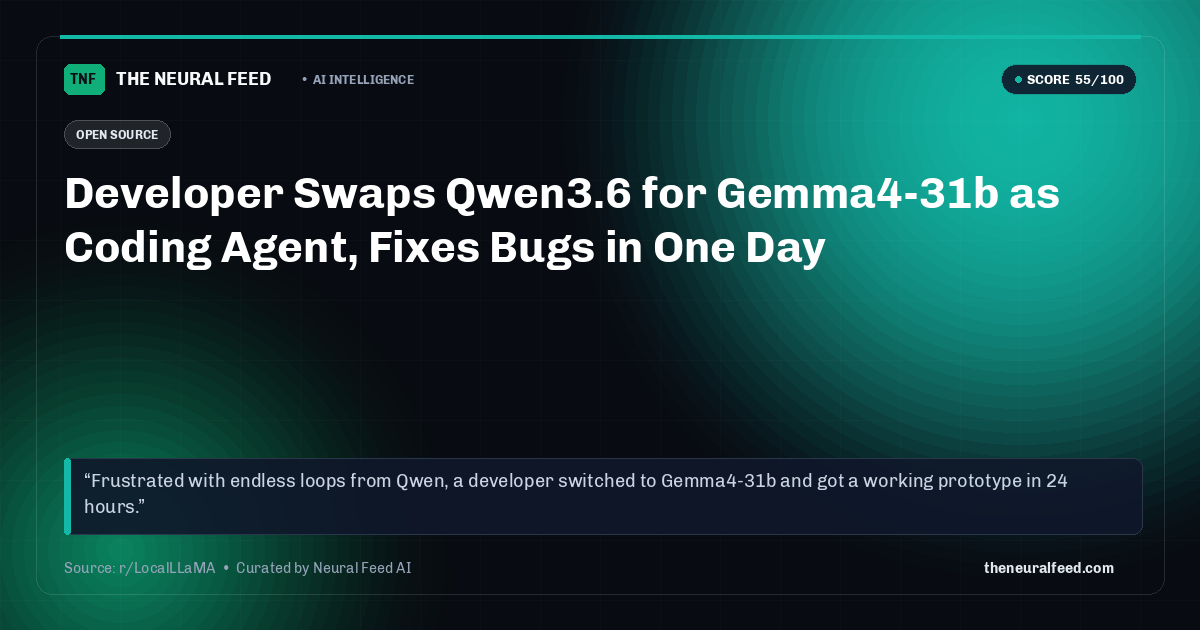 Developer Swaps Qwen3.6 for Gemma4-31b as Coding Agent, Fixes Bugs in One Day