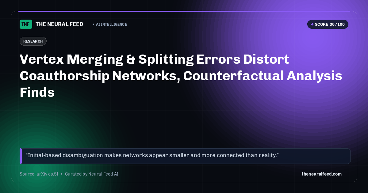 Vertex Merging & Splitting Errors Distort Coauthorship Networks, Counterfactual Analysis Finds