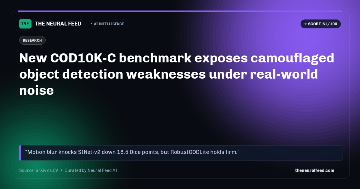 New COD10K-C benchmark exposes camouflaged object detection weaknesses under real-world noise