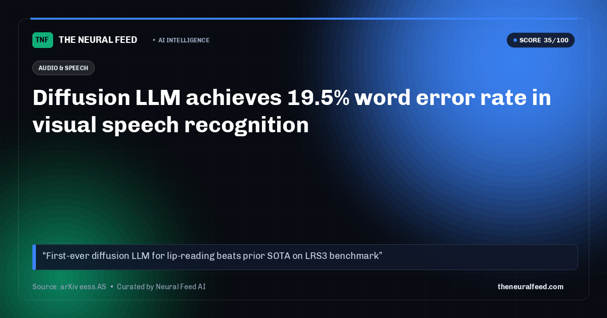 Diffusion LLM achieves 19.5% word error rate in visual speech recognition
