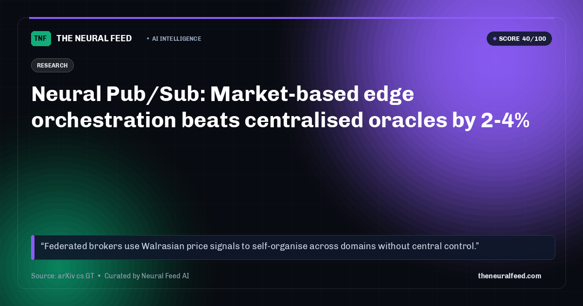 Neural Pub/Sub: Market-based edge orchestration beats centralised oracles by 2-4%