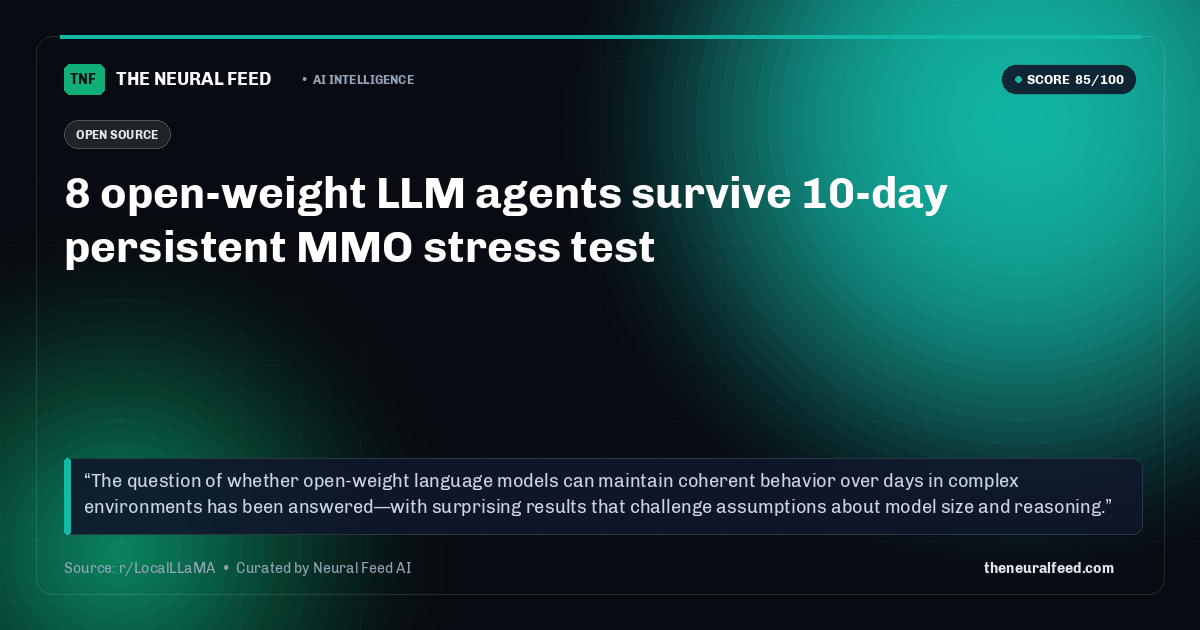 8 open-weight LLM agents survive 10-day persistent MMO stress test