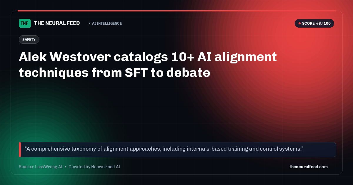 Alek Westover catalogs 10+ AI alignment techniques from SFT to debate